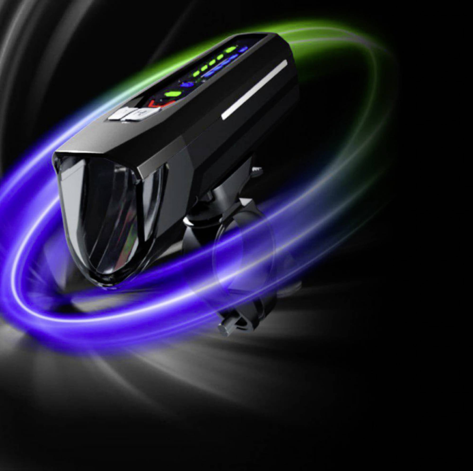 Egy futurisztikus, fekete kerékpárlámpa digitális kijelzővel és színes fénygyűrűkkel lebeg egy sötét háttér előtt.