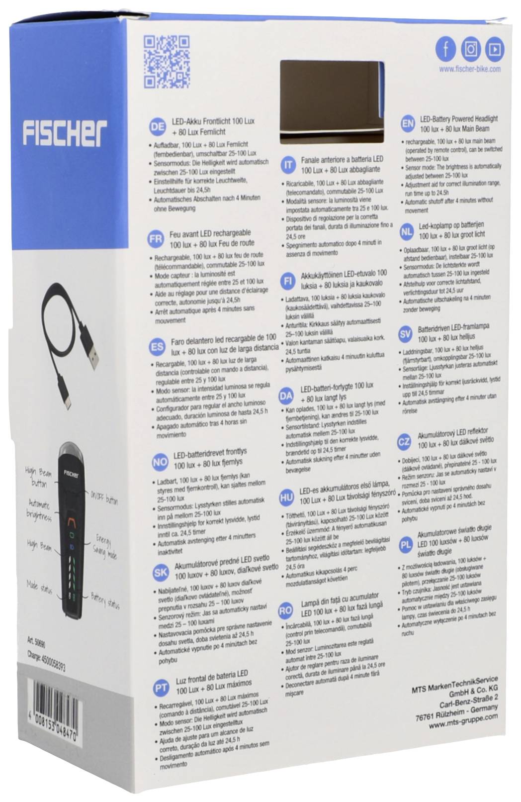 Fischer LED-es kerékpárlámpa csomagolása. Tartalmaz műszaki szöveget több nyelven, a lámpa és egy kábel ábrázolásával.