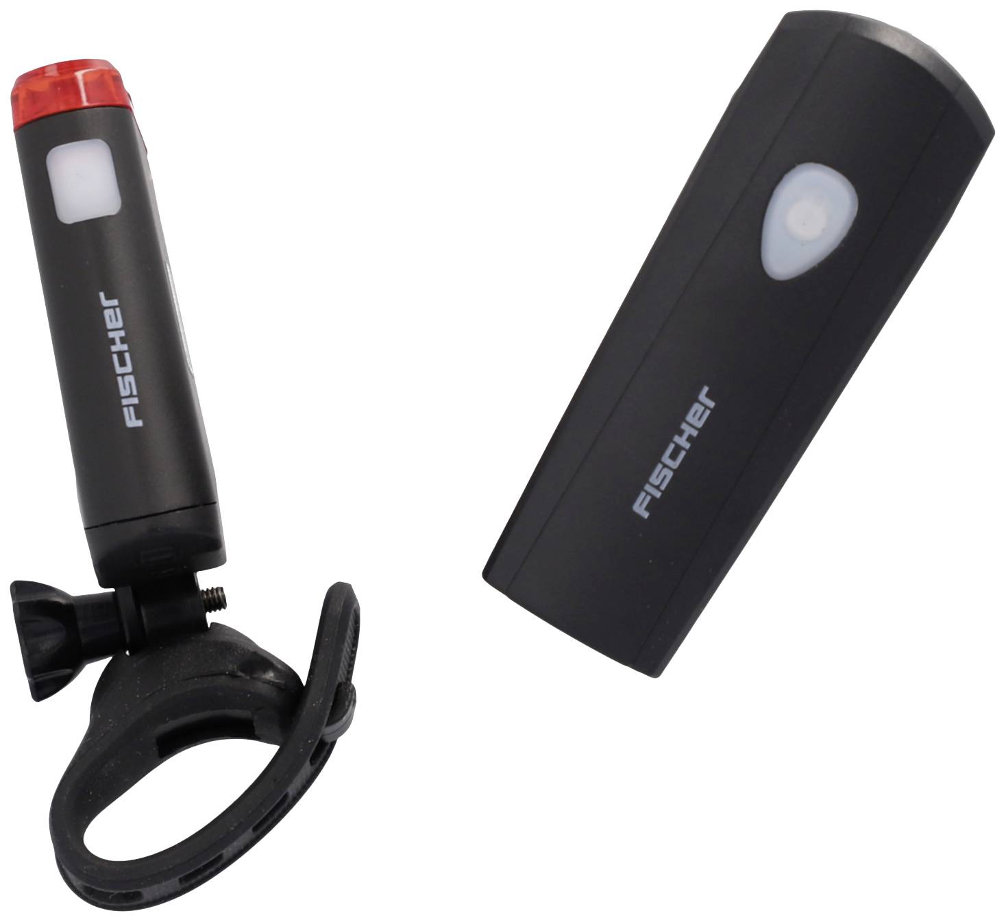 Két fekete kerékpárlámpa, az egyik piros fénycsíkkal és szerelési hurokkal, a másik kompakt kivitelű fehér fénnyel. Mindkettő Fischer gyártmányú.