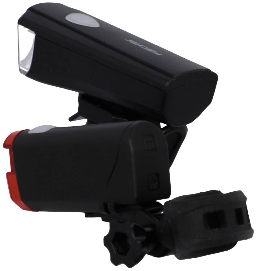 Egy fekete kerékpárlámpa szett első és hátsó lámpával, amelyet egy tartóban rögzítettek, kerékpár kormányához való felszerelésre.