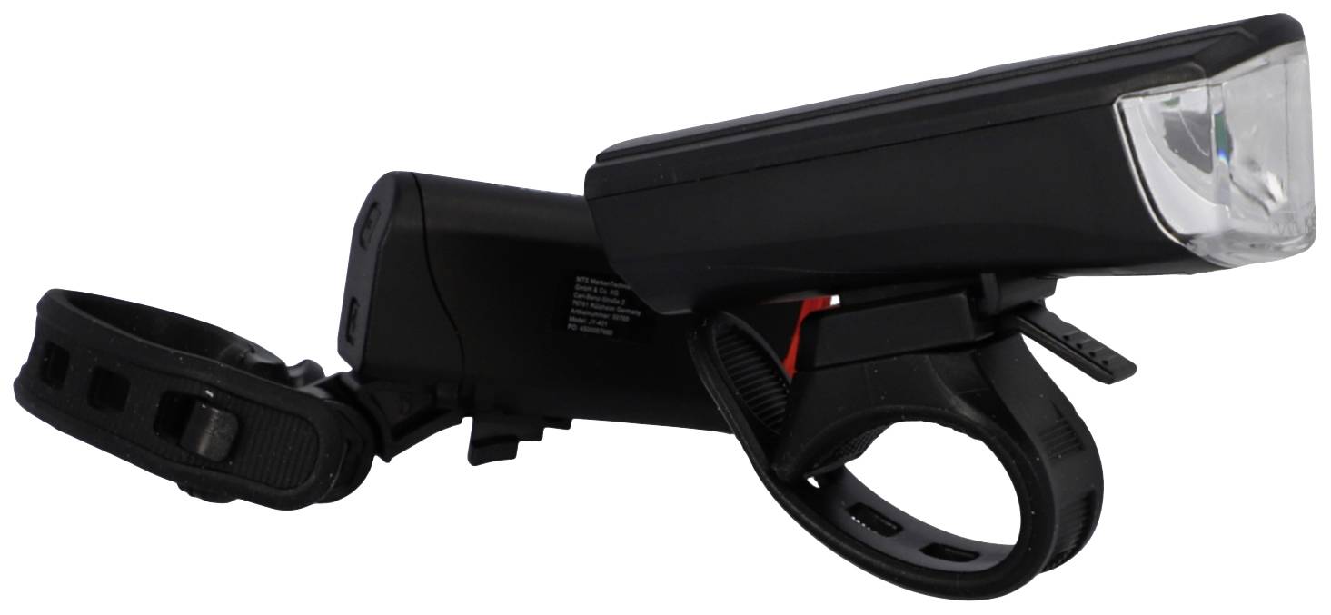 Fekete kerékpárlámpa tartóval, kormányra szerelhető. Állítható szíjjal rendelkezik a biztonságos rögzítéshez.
