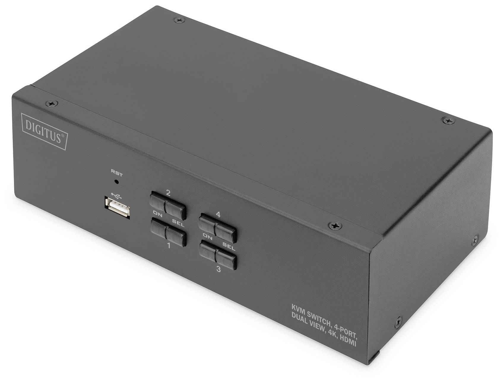 Egy Digitus gyártmányú, fekete 4 portos KVM-kapcsoló, HDMI-csatlakozókkal. Négy gomb látható elöl a csatlakoztatott eszközök vezérléséhez.