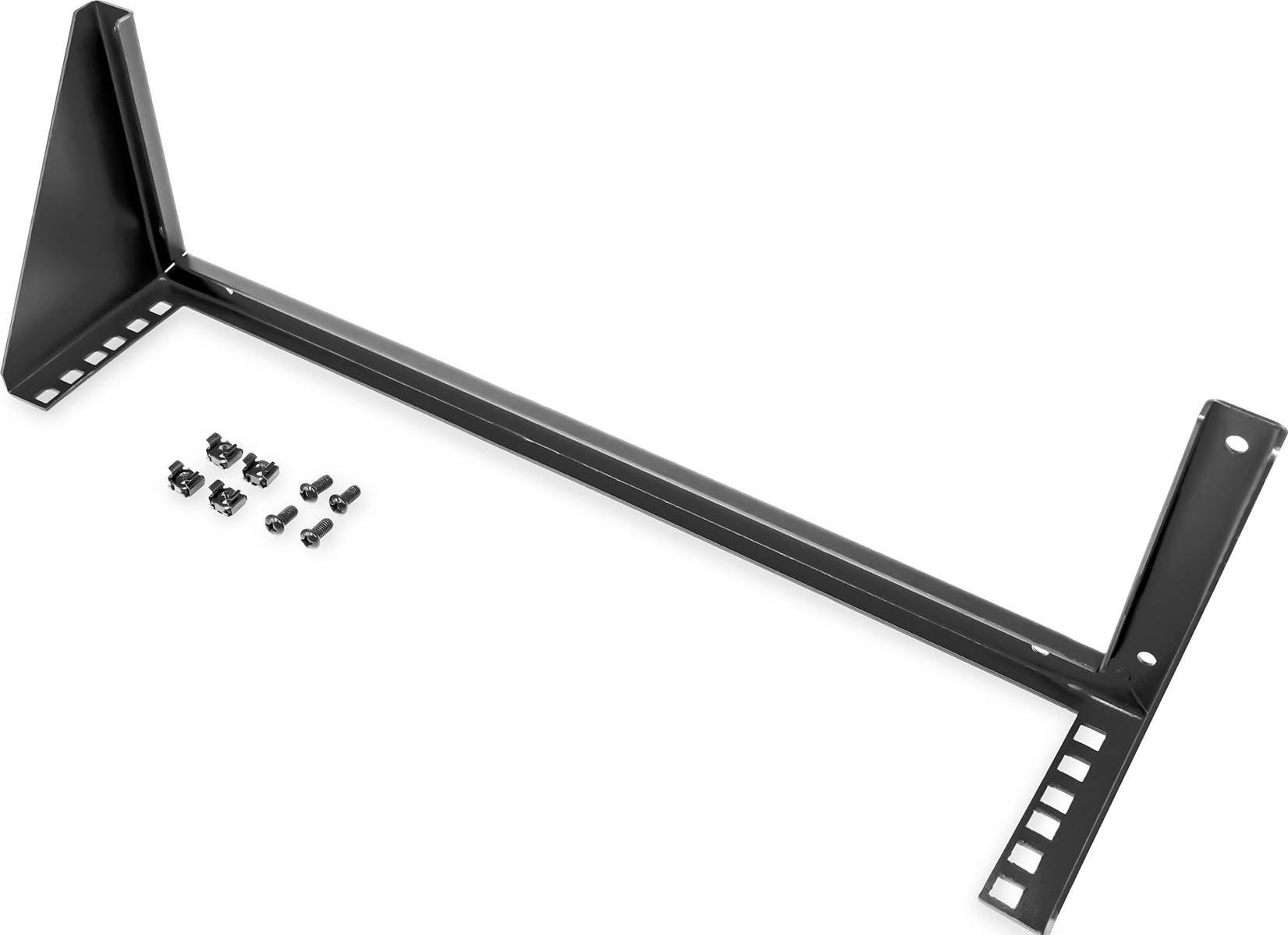 Fekete, L alakú fémtartó rögzítőlyukakkal és csavarokkal. Mechanikai szerkezetekben történő szereléshez használatos.