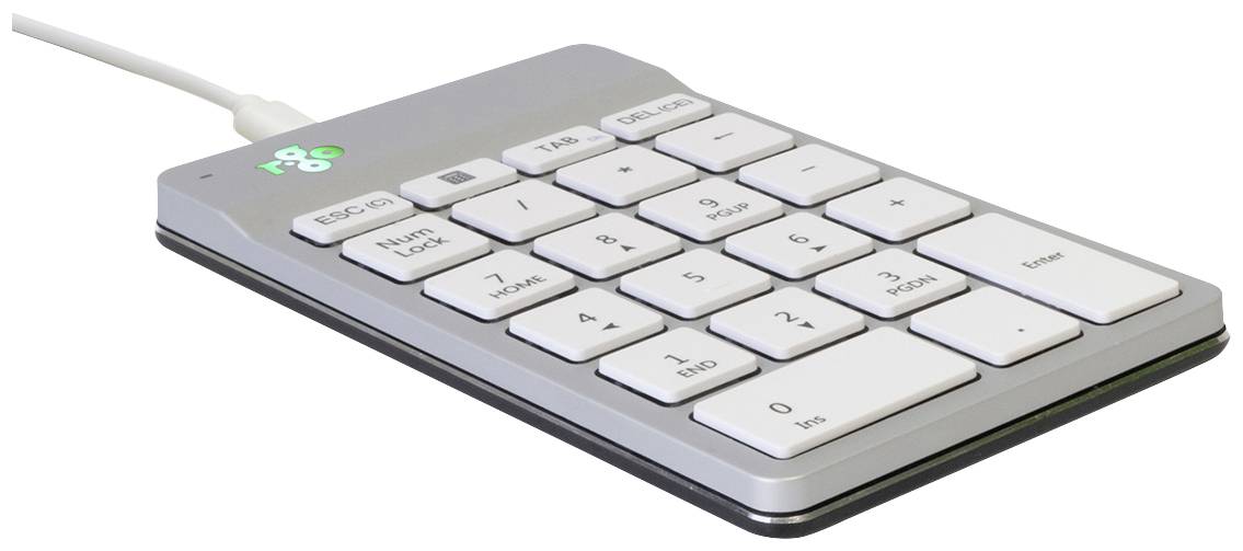 Karcsú, ezüstös USB-számbillentyűzet fehér gombokkal, alkalmas laptopok vagy kompakt billentyűzetek kiegészítő beviteli eszközeként.