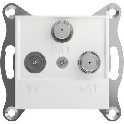 Fehér koaxiális dupla aljzat TV- és két SAT-csatlakozóval, ezüst fémkeretbe szerelve.