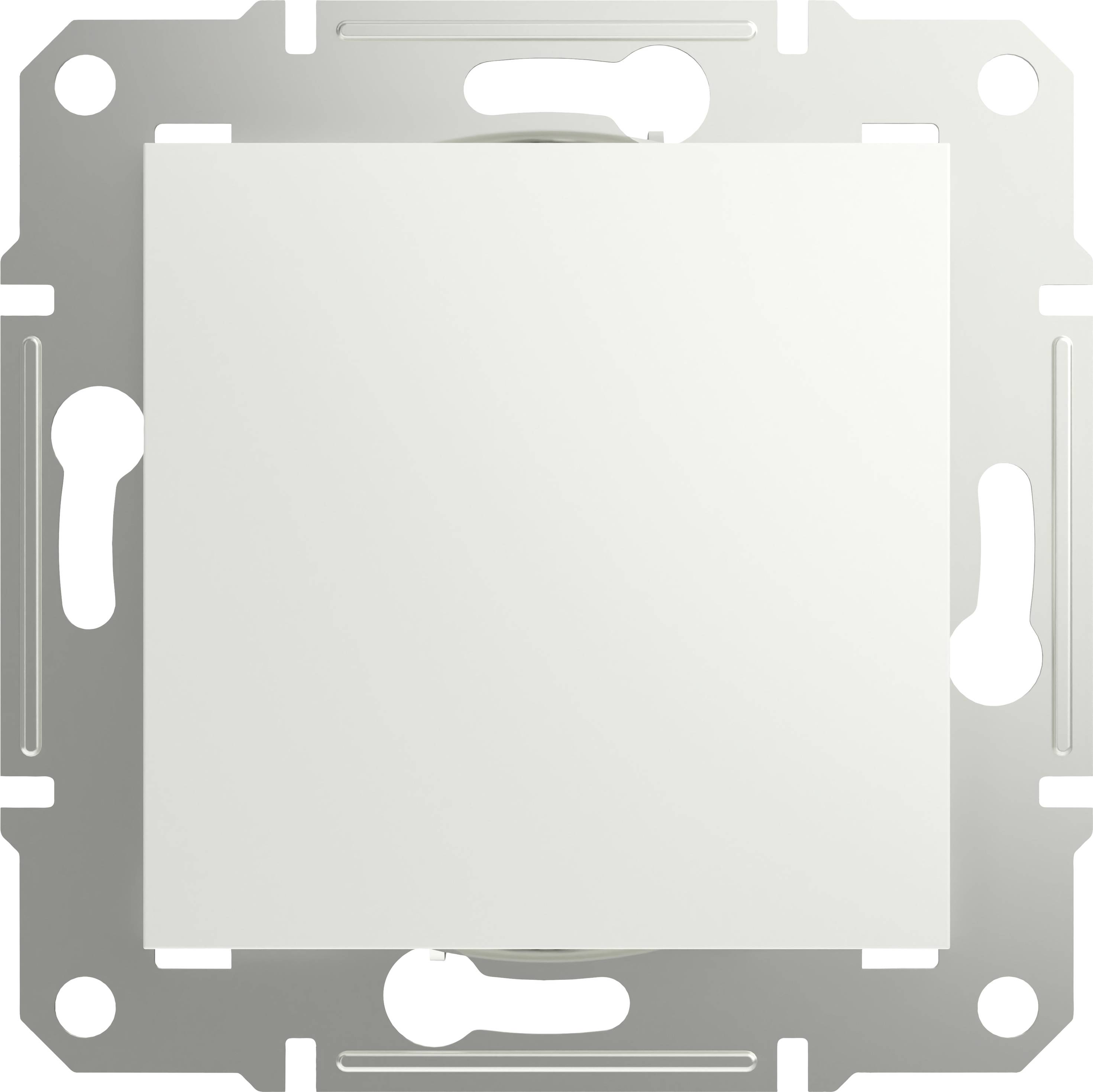 Egy fehér gombos négyzet alakú villanykapcsoló, fémkeretbe szerelve; modern lakóterekhez illő dizájnnal.