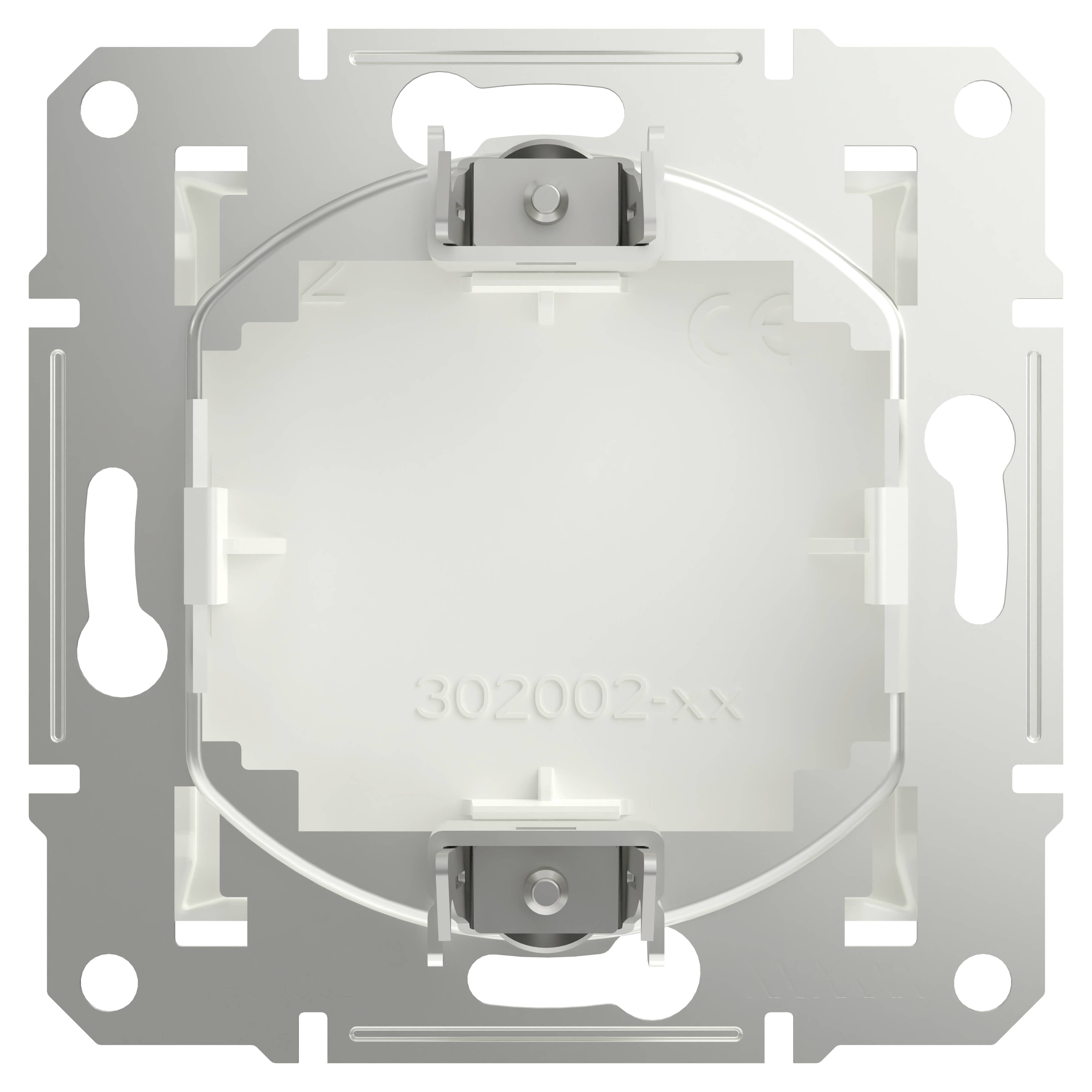 Egy négyzet alakú műanyag alkatrész fém tartókeretekkel a felső sarkoknál, középen '302002-xx' számozással ellátva.