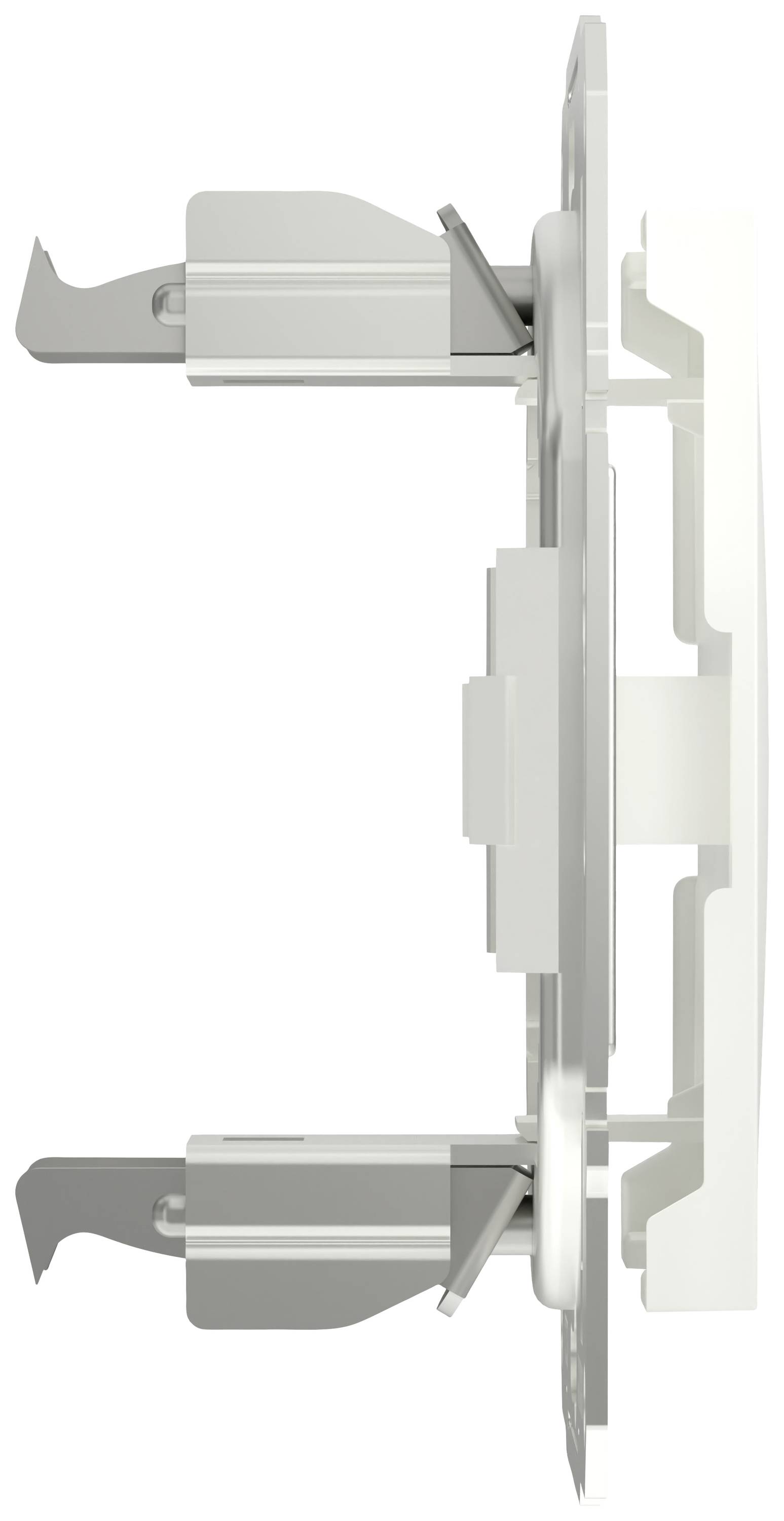 Egy elektromos készülékkapcsoló oldalnézete, amelyen láthatóak a kontaktusok és csatlakozókapcsok, egy fehér keretbe szerelve.