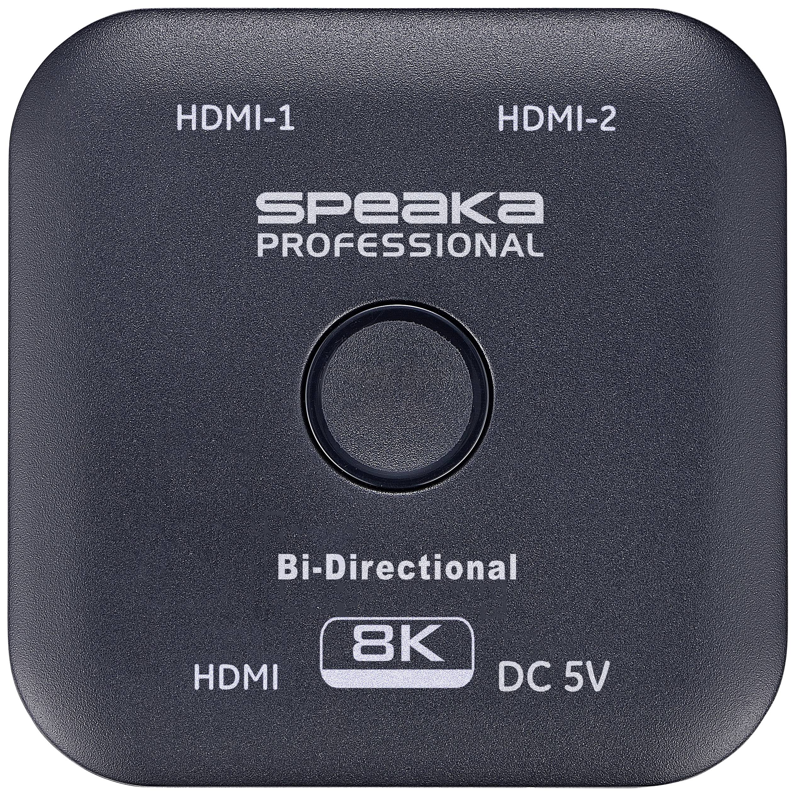 Fekete HDMI-elosztó két HDMI bemenettel, középső gombbal, amelyen a 'Speaka Professional' és a 'Bi-Directional 8K' felirat olvasható.