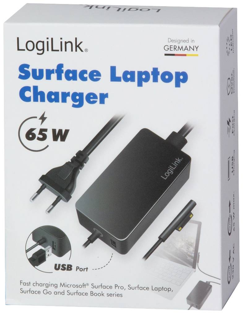 'LogiLink Surface Laptop Töltő' csomag, 65W-os tápegység képével. Kompatibilis Microsoft Surface eszközökkel; EU-s csatlakozó, USB-port. Németországban tervezve.