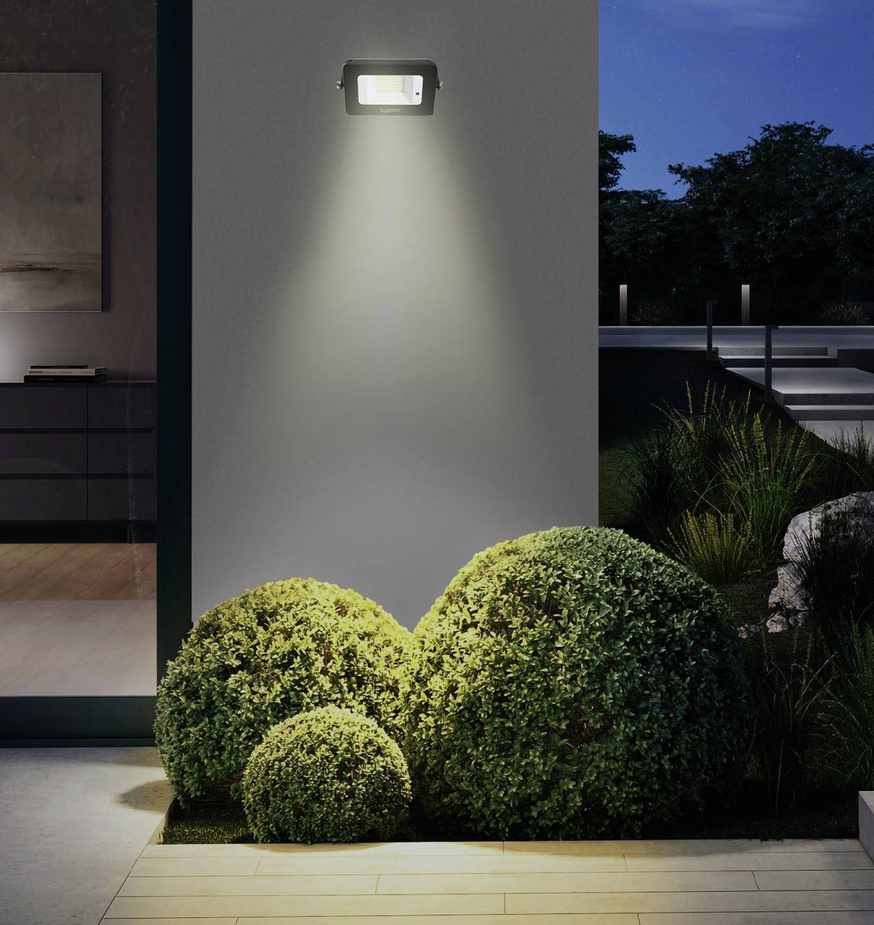 Egy épület külső fala éjszaka, fali reflektorral megvilágítva, amely az alatta lévő kerek bokrokra vetít fényt.
