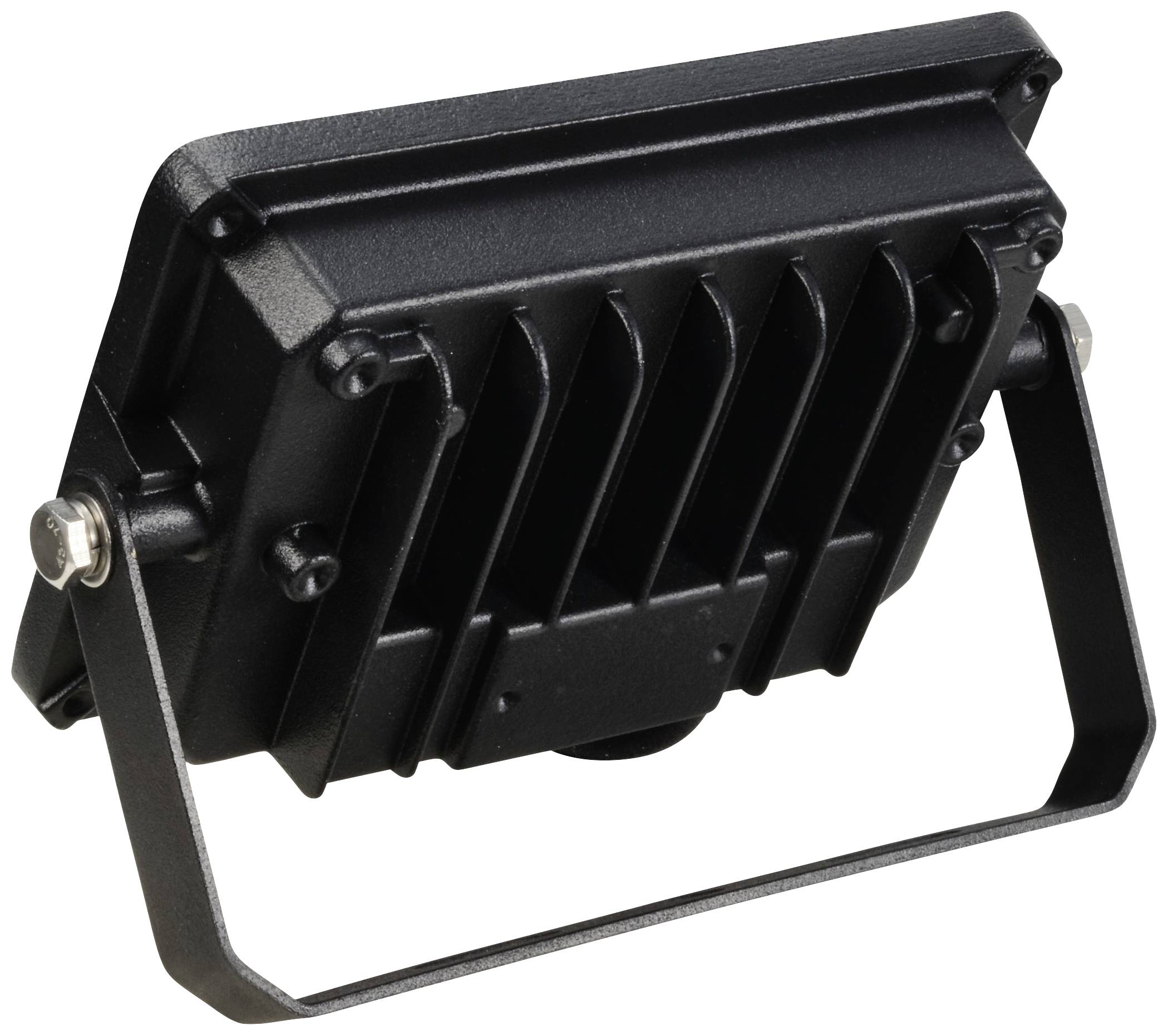 Egy négyszögletes, fekete LED-reflektor hűtőbordákkal és állítható tartóval, kültéri használatra.