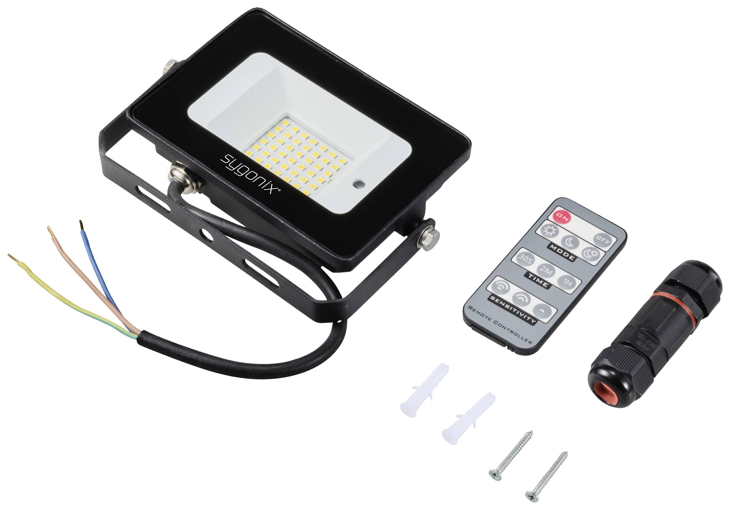 Kábeles LED reflektor távirányítóval és szerelőkészlettel. Tartalmaz fekete konzolt, távirányítót a fényerőszabályzáshoz és csavarokat.