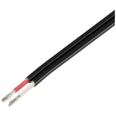 Két eres, elektromos kábel piros és fehér vezetékkel, fekete szigeteléssel.