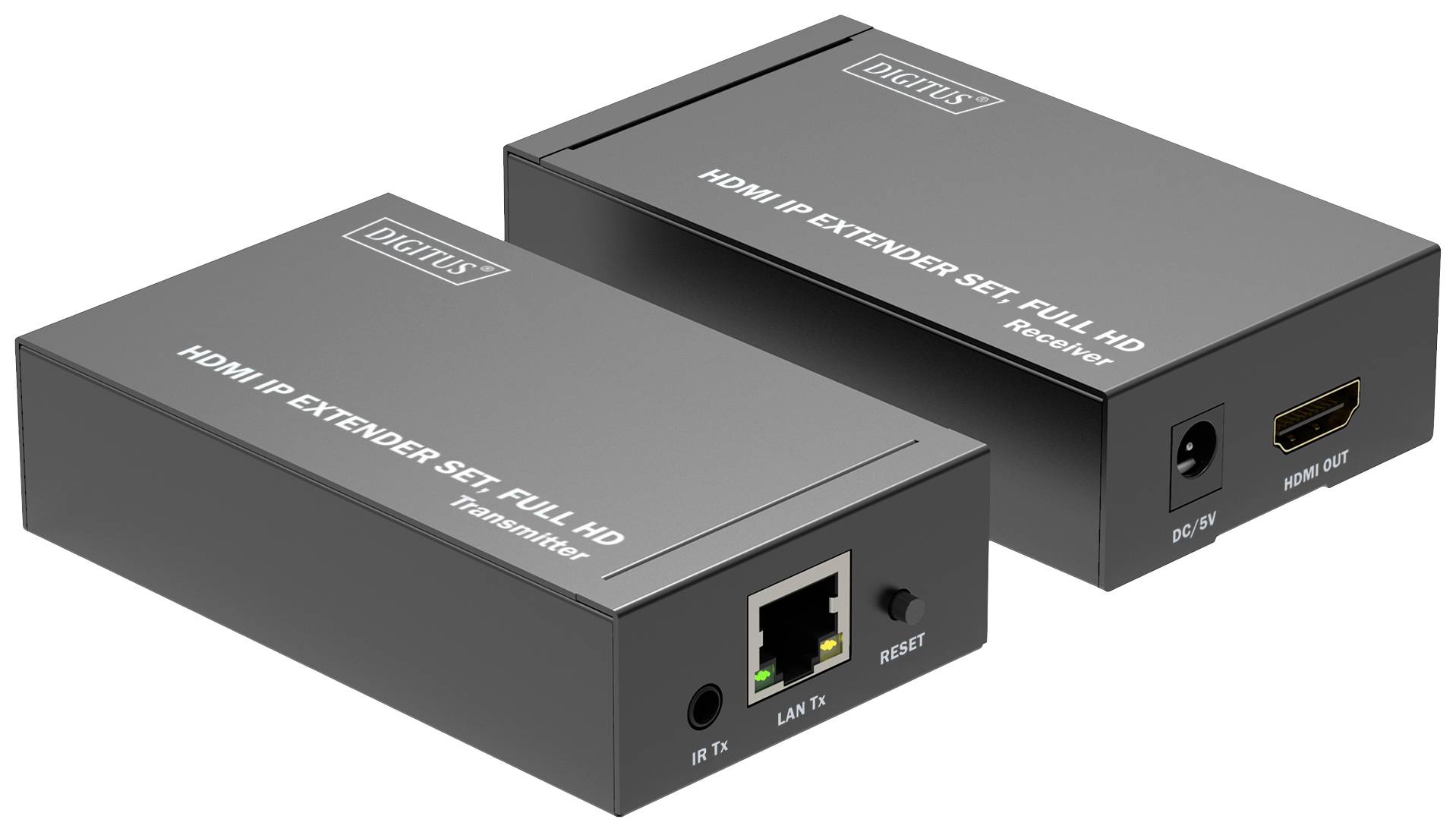 Két fekete HDMI IP extender, egy adó és egy vevő, LAN, HDMI és tápcsatlakozókkal. Alkalmas Full HD videóátvitelre.