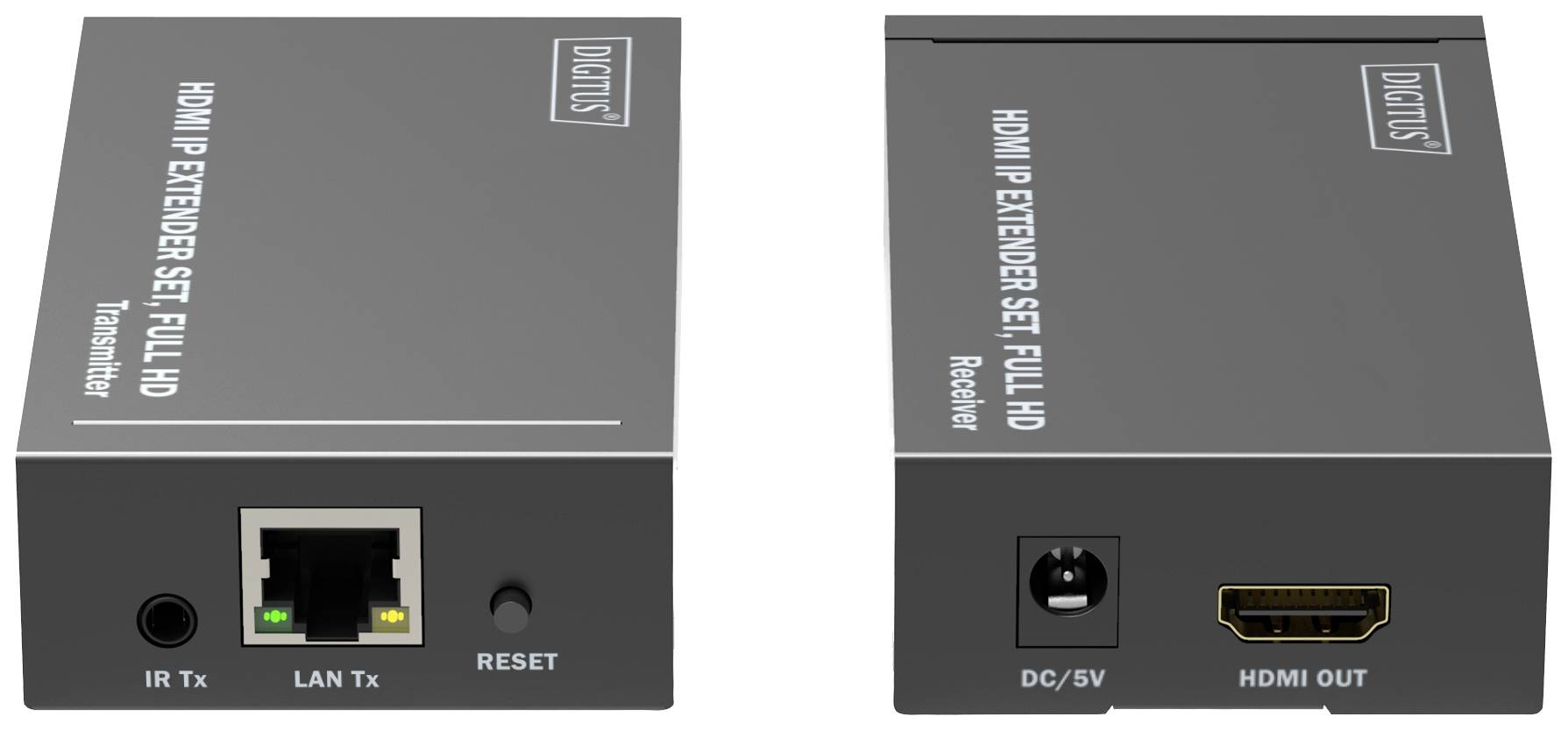 HDMI IP-hosszabbító szett adóval és vevővel. Az adó LAN- és Reset-csatlakozókkal rendelkezik, a vevő HDMI-kimenettel.
