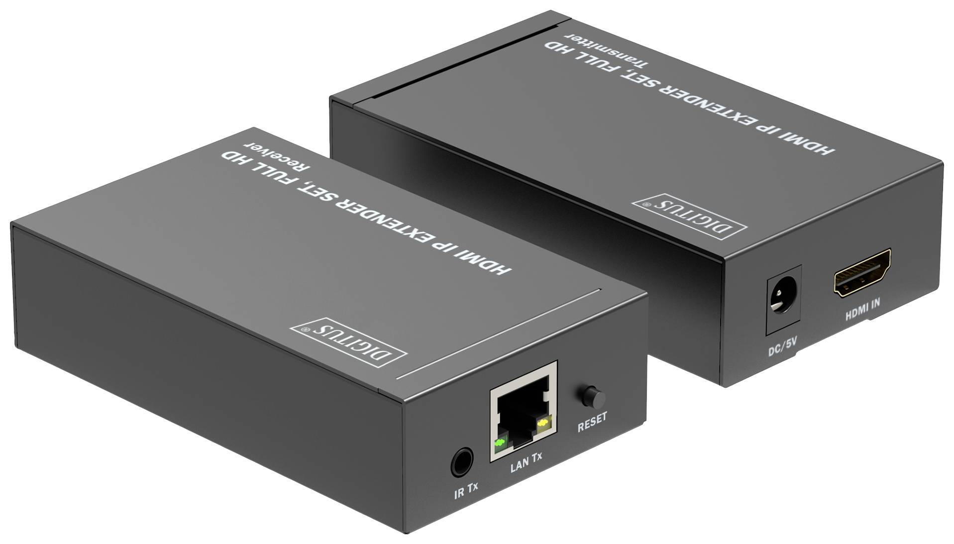 Két fekete HDBaseT-adó, amelyeken a 'DIGITUS' és a 'HDMI IP Extender Szett - Full HD' feliratok szerepelnek, LAN- és HDMI-csatlakozókkal.