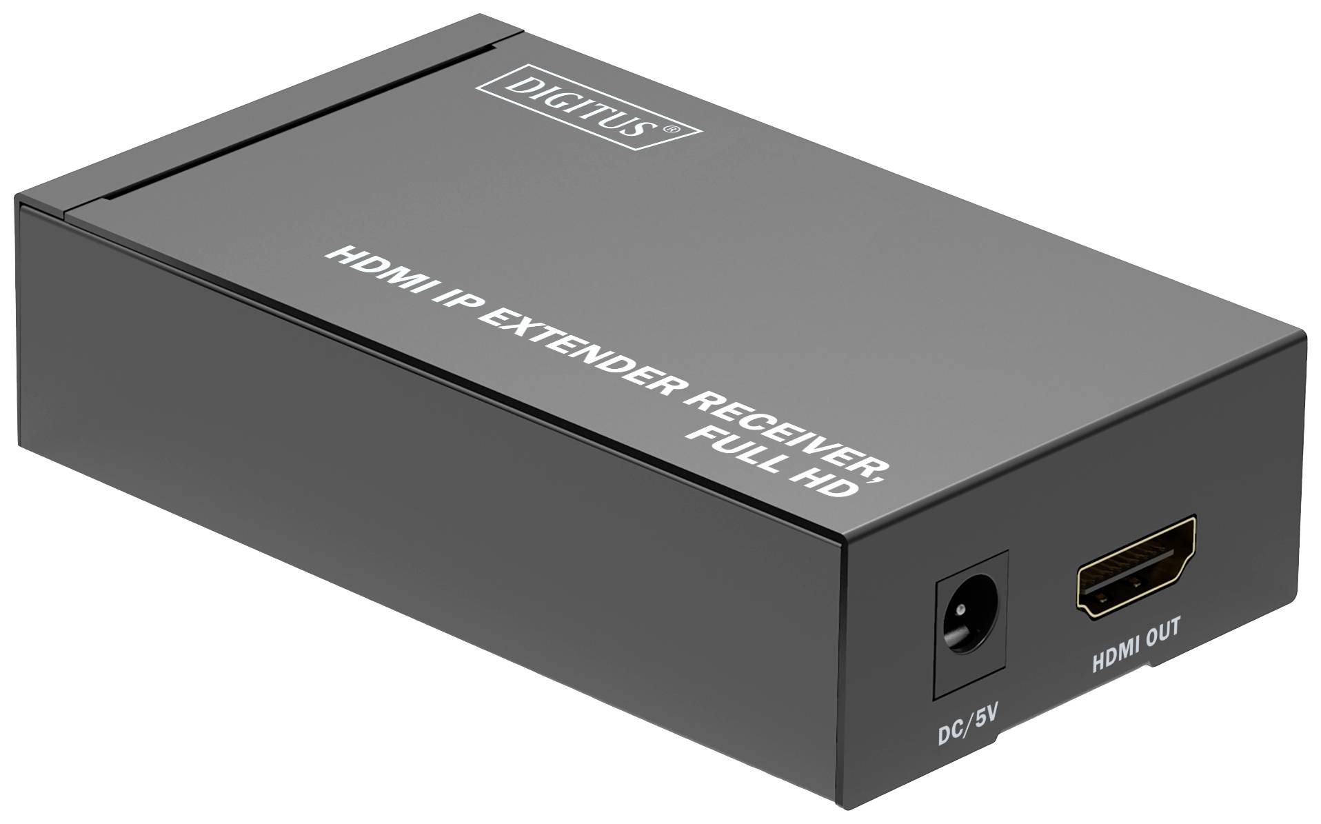DIGITUS HDMI IP extender vevőegység, fekete ház, csatlakozók: DC/5V és HDMI-kimenet, Full HD támogatással.