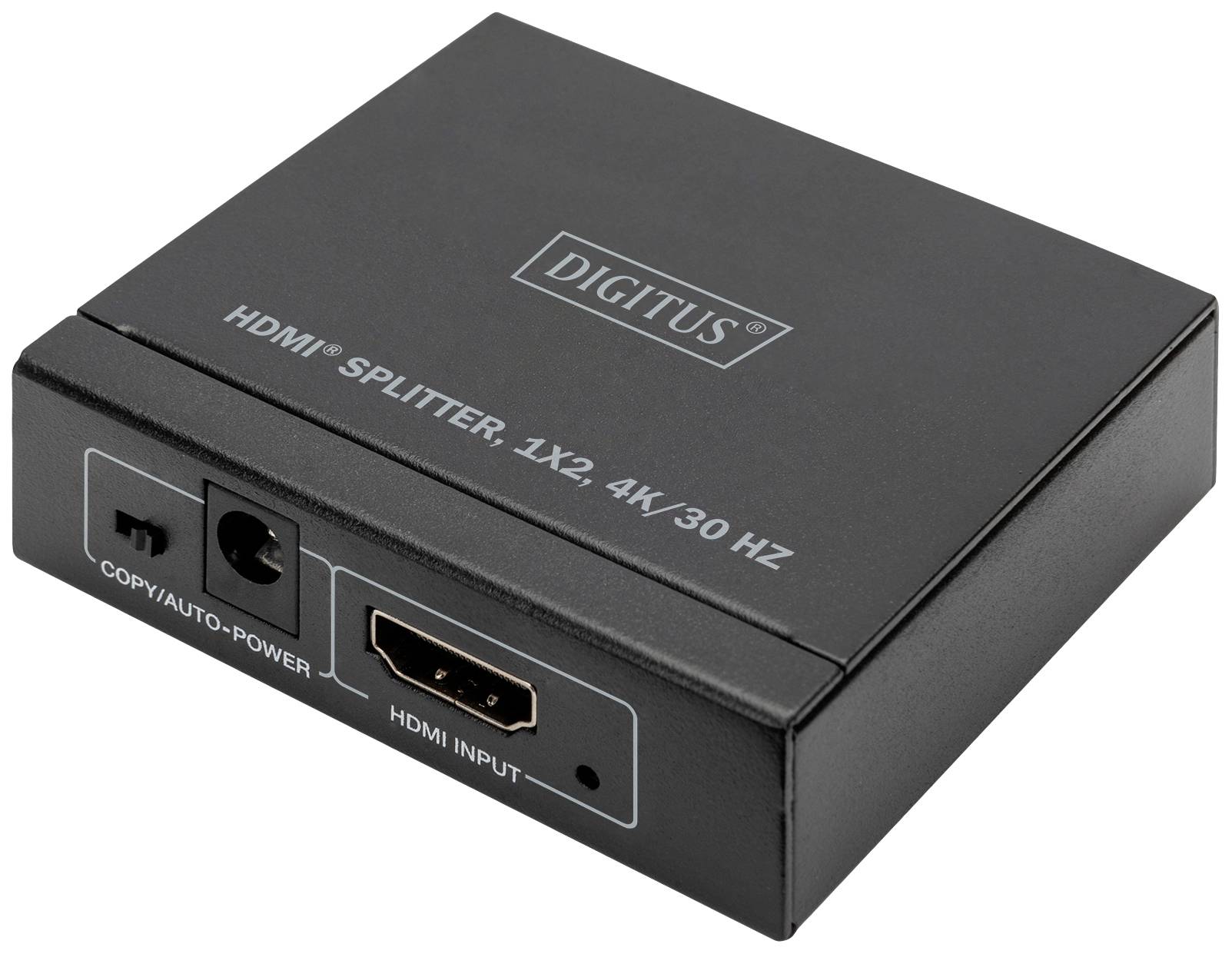 HDMI Elosztó, 1x2, 4K/30 Hz fekete eszköz HDMI- és másolási/Auto-Power csatlakozókkal, DIGITUS márka.