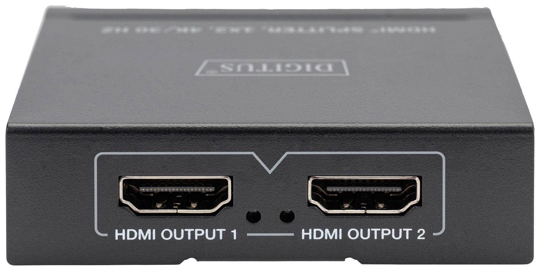 'HDMI Elosztó 1x2' két HDMI-kimenettel, amelyek 'HDMI KIMENET 1' és 'HDMI KIMENET 2' felirattal vannak ellátva.