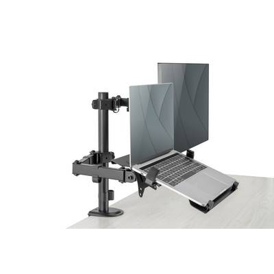 Egy laptop és egy monitor egy kettős asztali tartóra van rögzítve, hogy támogassa az ergonomikus munkakörnyezetet.