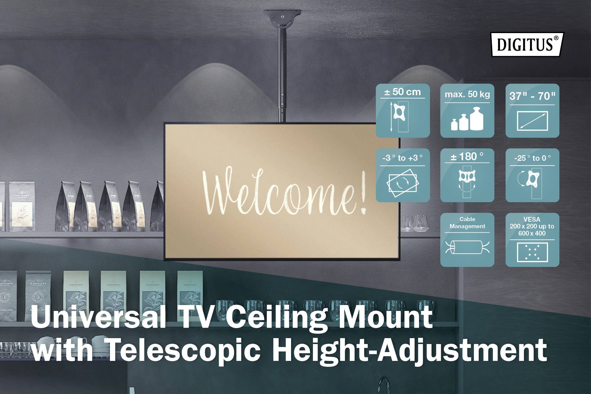 Digitus DA-90421 TV mennyezeti tartó 114,3 cm (45") - 177,8 cm (70") Kihúzható, Dönthető, Forgatható Beépített vízmérték-9
