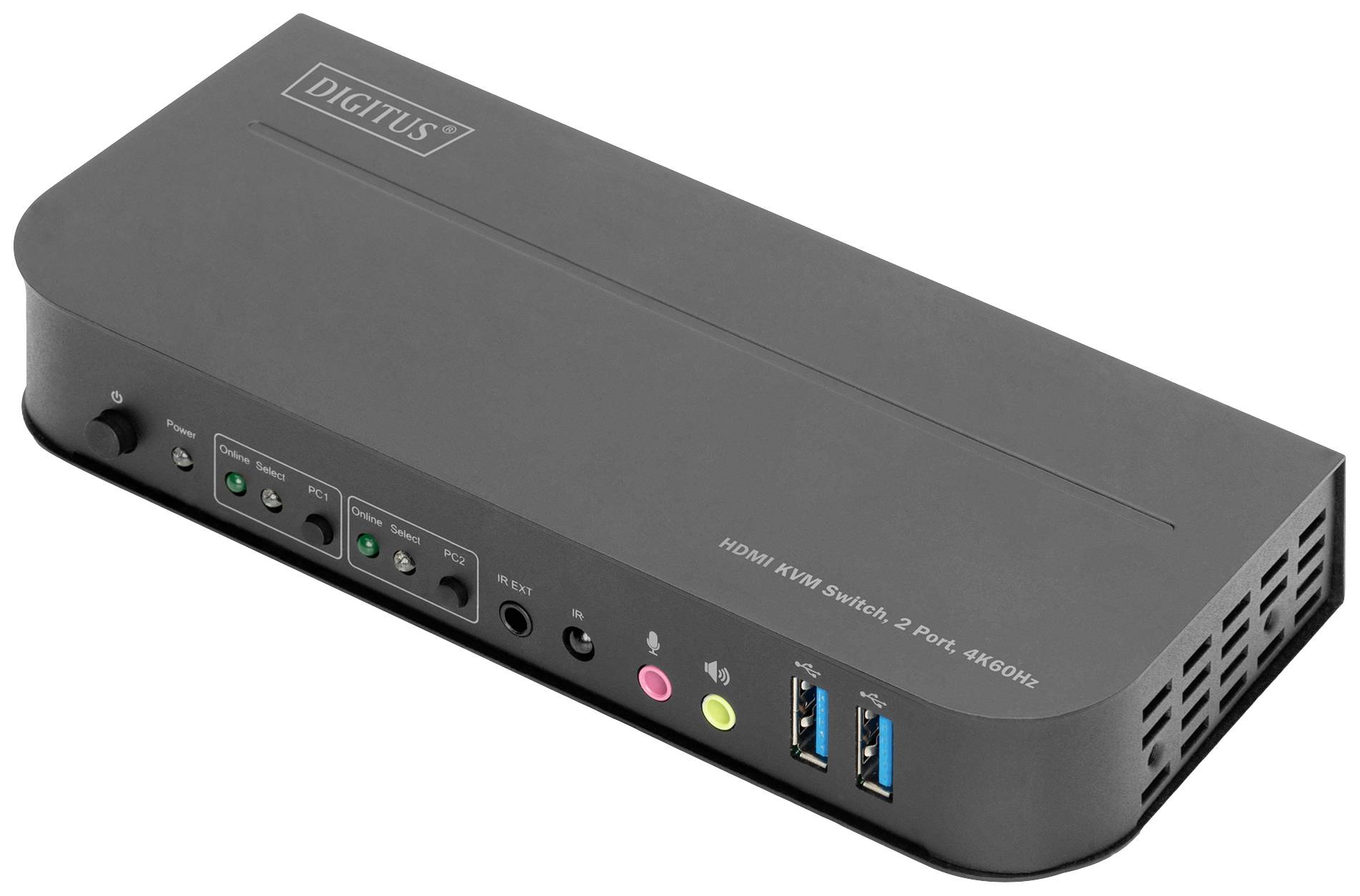 Fekete HDMI KVM kapcsoló két porttal és 4K60Hz támogatással, elöl audio és USB csatlakozókkal, DigiTUS logóval bal felül.
