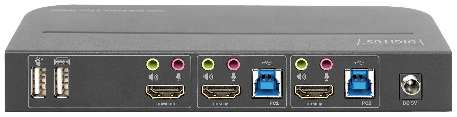 Egy elektronikus eszköz hátulnézete, több csatlakozóval, beleértve az USB-, HDMI- és audió csatlakozókat.