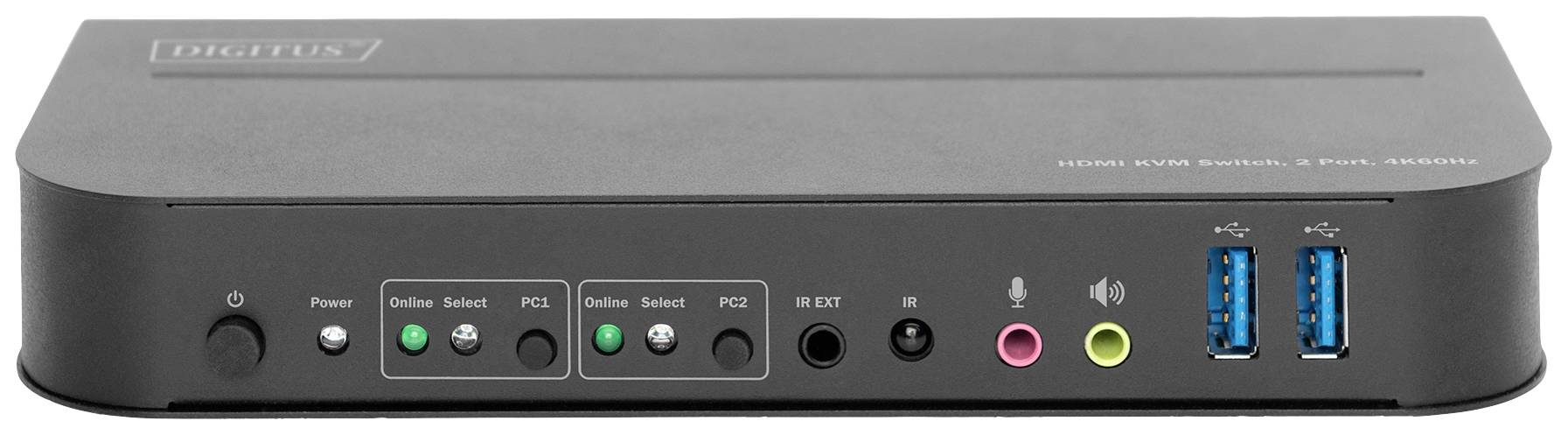 Egy KVM-kapcsoló két USB 3.0-ás csatlakozóval, mikrofon- és fejhallgató-bemenetekkel, két számítógép kiválasztására szolgáló gombbal és LED-kijelzőkkel a tápellátás és az online állapot jelzésére.