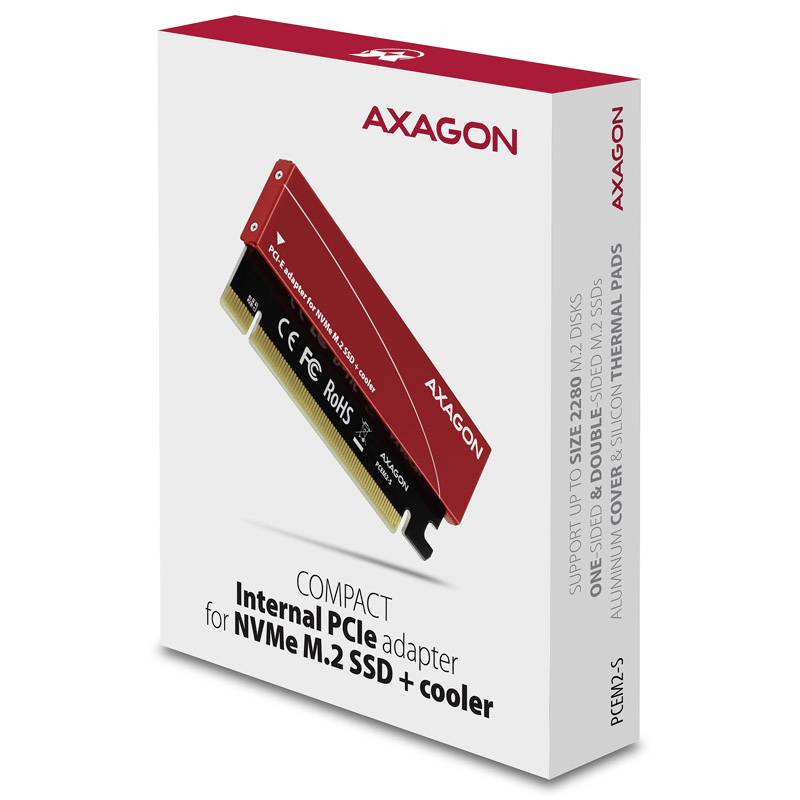 Axagon kompakt PCIe-adapter NVMe M.2 SSD-khez hűtőbordával, támogatja a 2230-2280 modulokat, alumínium burkolattal, szilikon hőelvezető párnákkal.