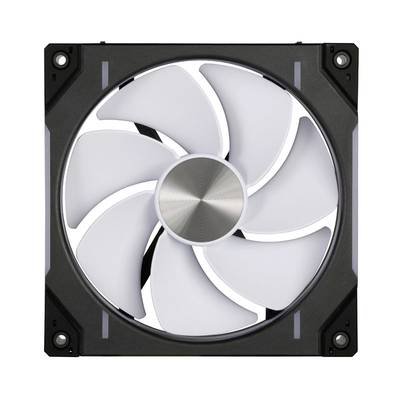 Fehér rotorlapátokkal rendelkező fekete számítógép-ventilátor, elölnézeti képen.