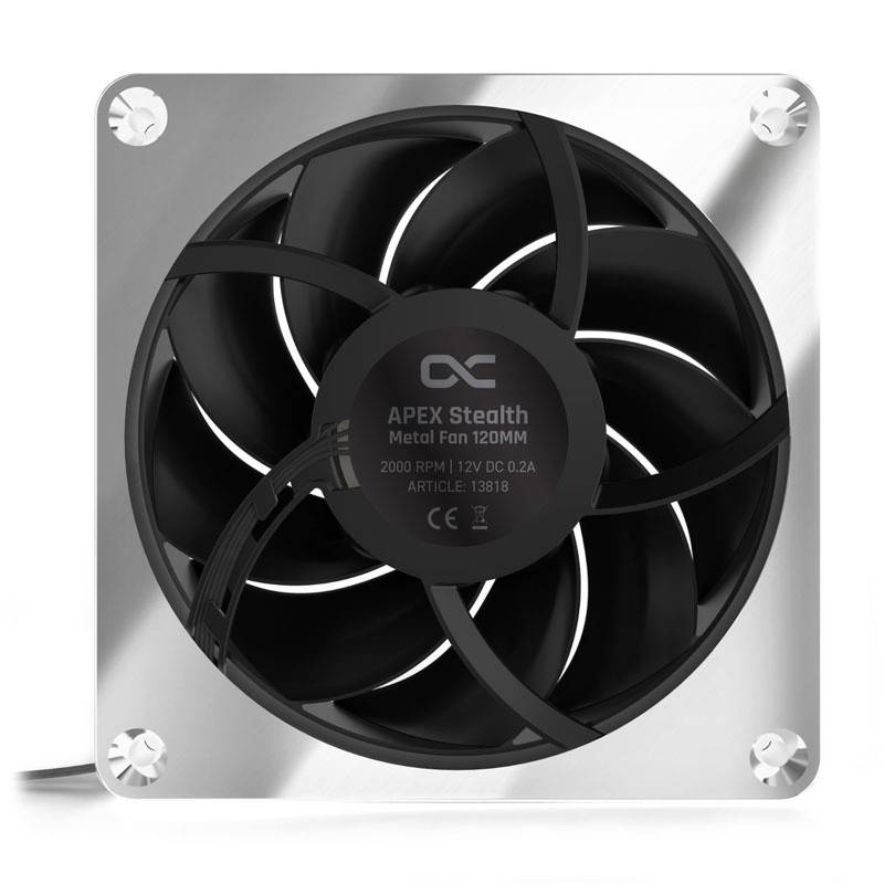 'APEX Stealth Fém Ventilátor 120MM', egy fekete ventilátor ezüst házban, 2000 fordulat/perc fordulatszámmal, 12V DC, modellszám 13818.