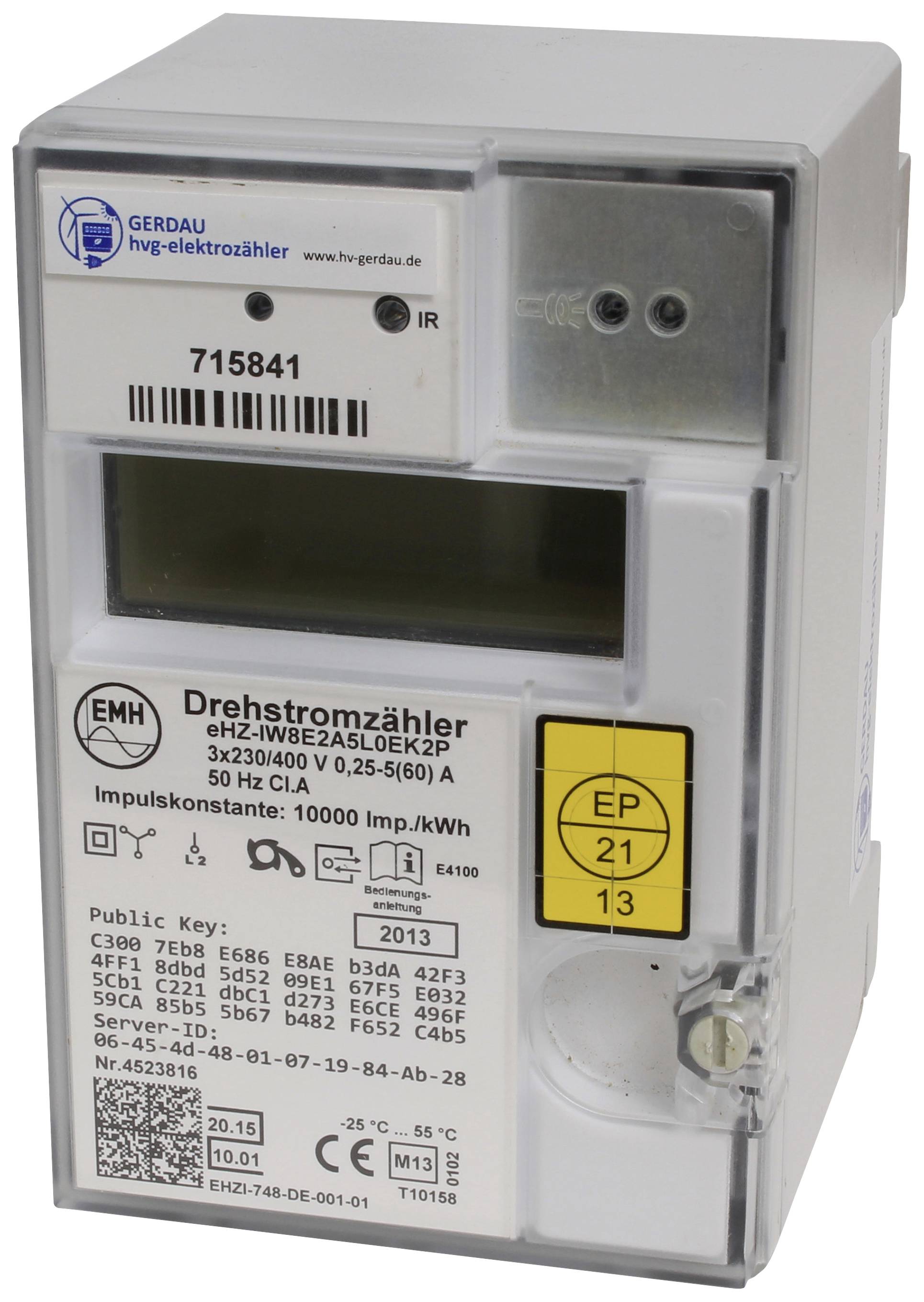 Egy Gerdau háromfázisú fogyasztásmérő. Modellszám: 2WEA230L0EK2P, méri a 3x230/400 V-ot. Sárga címke 'EP 21 13' felirattal.