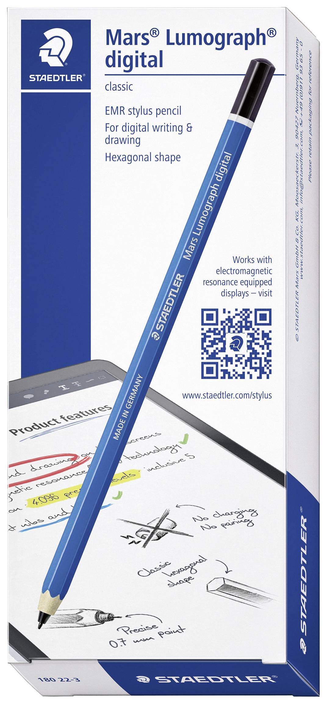 Egy Staedtler digitális EMR-toll csomagolása egy kék ceruzát mutat, és illusztrálja annak használatát digitális íráshoz és rajzoláshoz.