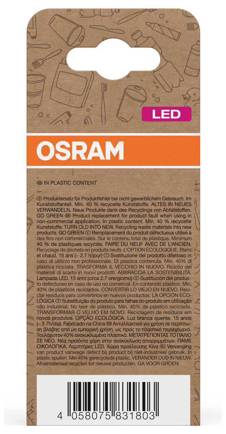 OSRAM LED izzó csomag barna újrahasznosított műanyag dizájnban, nagy narancssárga OSRAM címkével és vonalkóddal alul.
