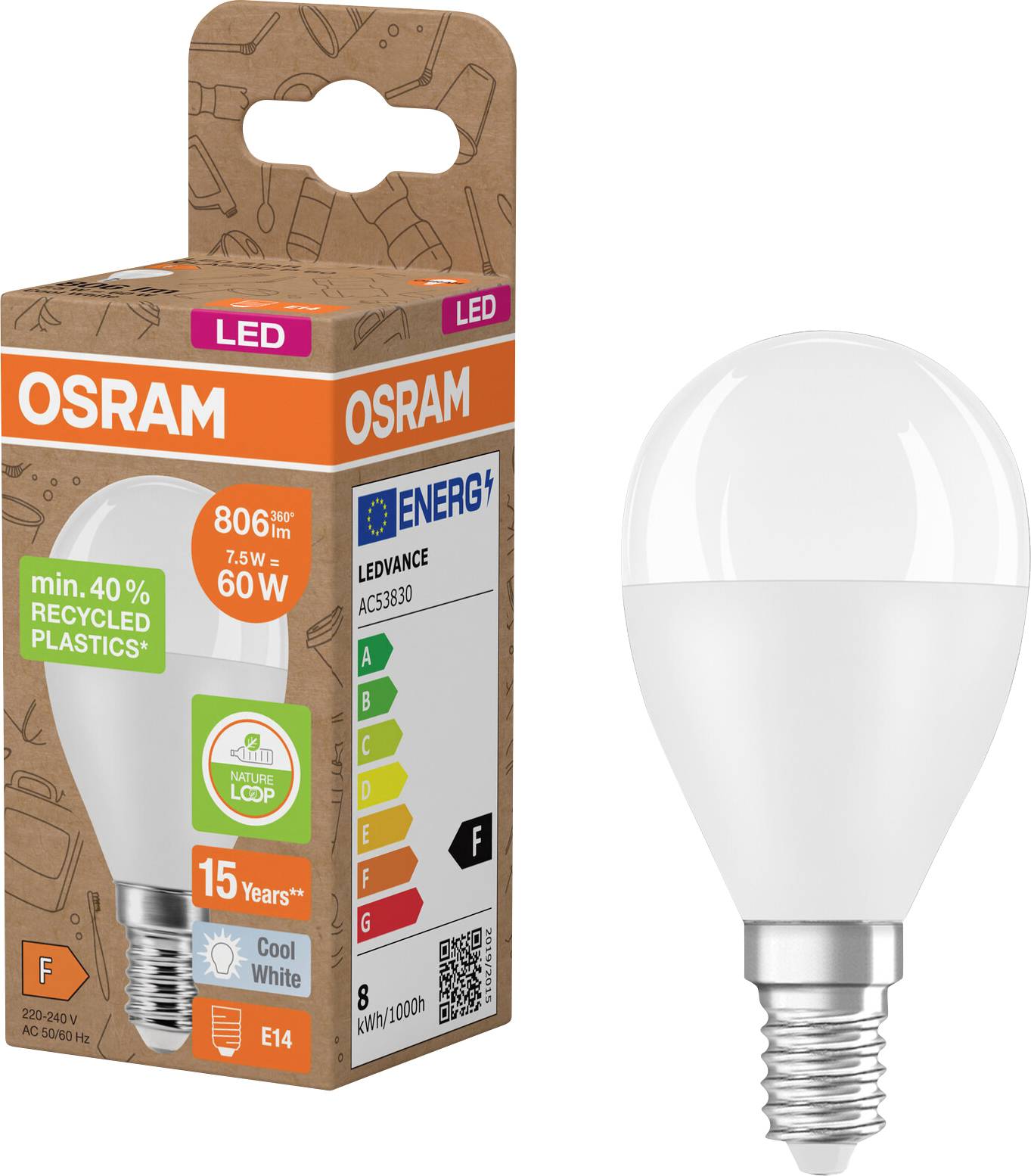 OSRAM LED-es izzó és a kereskedelmi csomagolása, amely egy E14-es izzót mutat, 8 kWh/1000h energiabesorolással, 6W teljesítménnyel, 806 lumennel és 15 éves élettartammal.