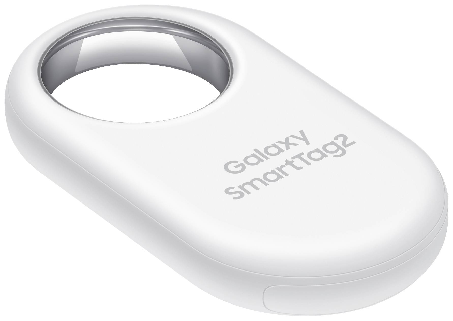 Egy fehér Galaxy SmartTag2, egy kis, ovális eszköz nyílással, tárgyak nyomon követésére szolgál.