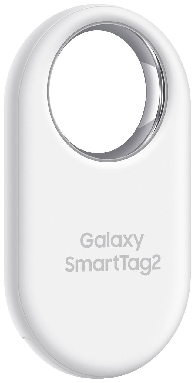 Ovális fehér nyomkövető, felül lyukkal, amelyen az áll: 'Galaxy SmartTag2', Bluetooth-alapú tárgykeresésre szolgál.