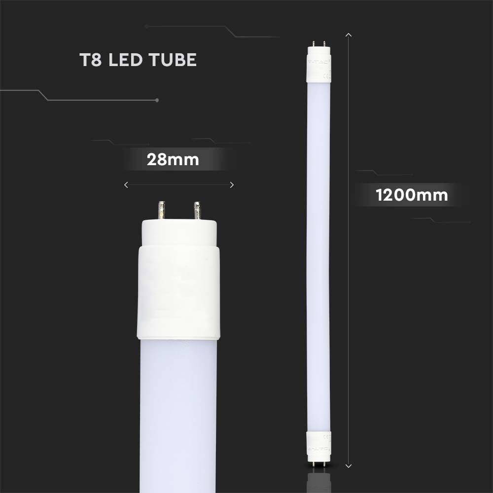 T8 LED fénycső méretekkel: átmérő 28 mm, hosszúság 1200 mm; a kép mutatja a csatlakozókat és a formát, sötét háttérrel.