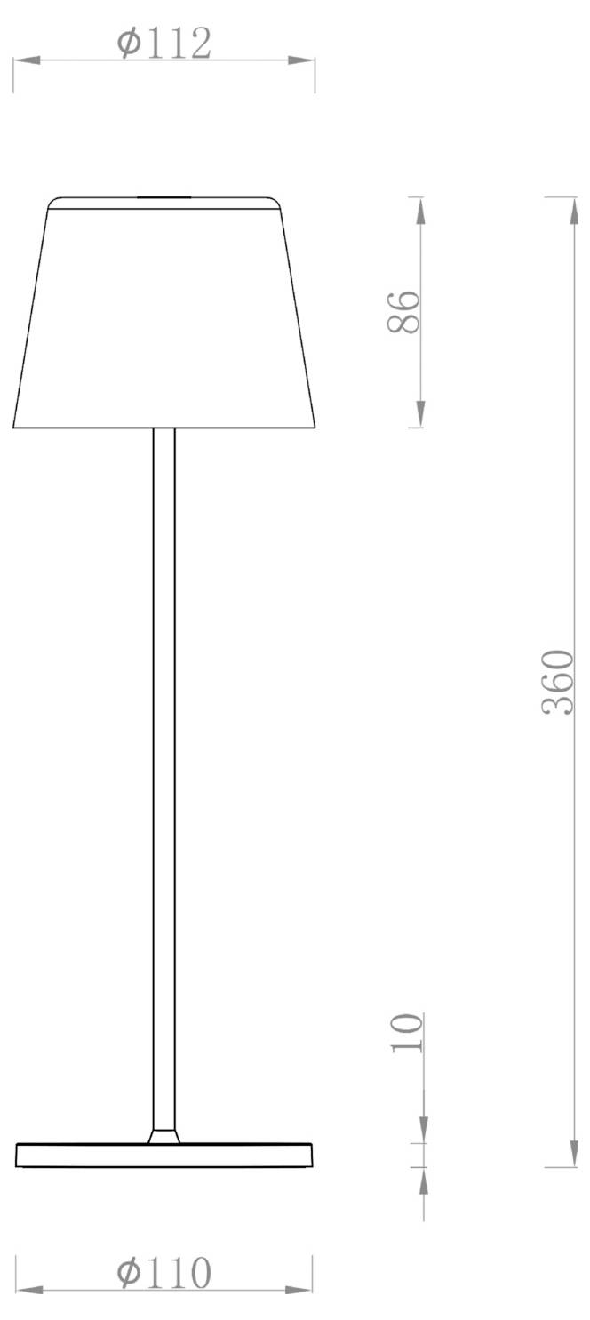 Műszaki rajz egy kúpos búrájú állólámpáról, a méreteket feltüntetve: 112 mm felső átmérő, 110 mm talpátmérő, 360 mm teljes magasság, 86 mm búramagasság, 10 mm talpvastagság.