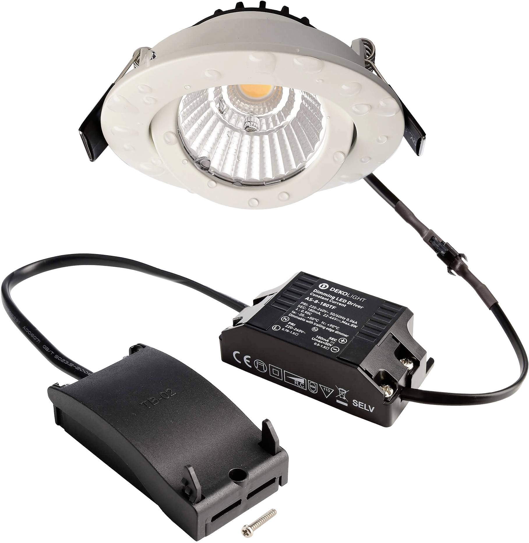 Beépíthető lámpatest LED-égővel és külső transzformátorral, mennyezeti szerelésre alkalmas, fehér részletekkel és fekete kábellel.