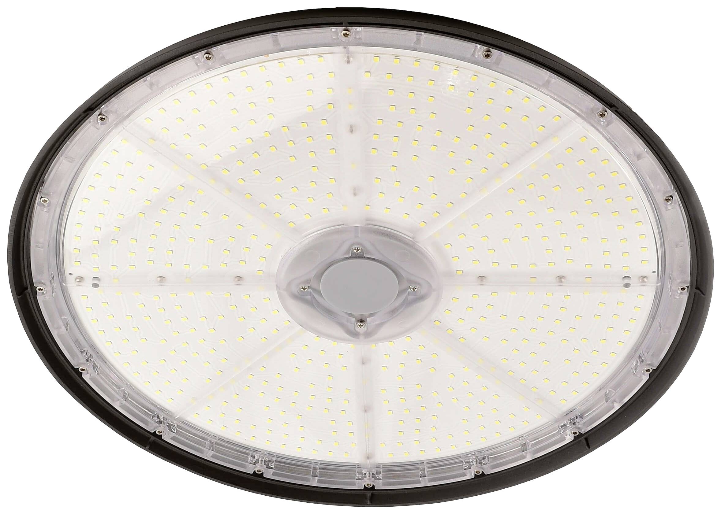 Kerek LED-lámpa fekete kerettel és sok apró sárga LED-fénnyel a fehér felületen. Alkalmas erős megvilágításhoz.