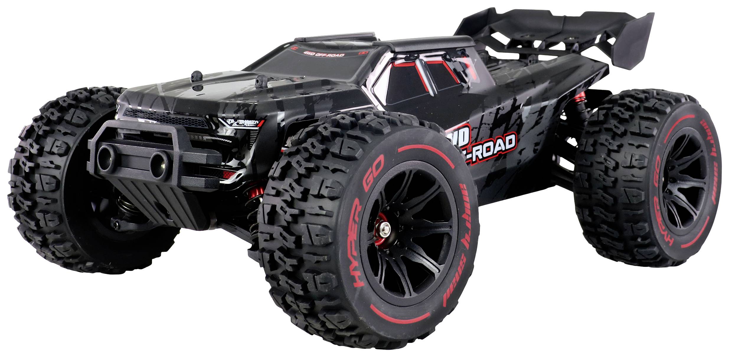 Egy fekete, távirányítású monster truck modell piros kiemelésekkel és nagy, robusztus kerekekkel, amely alkalmas terepjáró kalandokra.