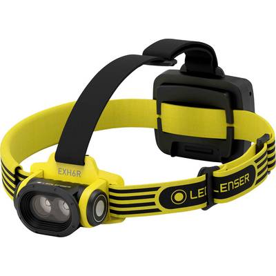 Sárga homlokpánt fekete szalaggal, a Ledlenser EXH6R modellje, oldalirányú beállítással és akkumulátorral a hátoldalán.