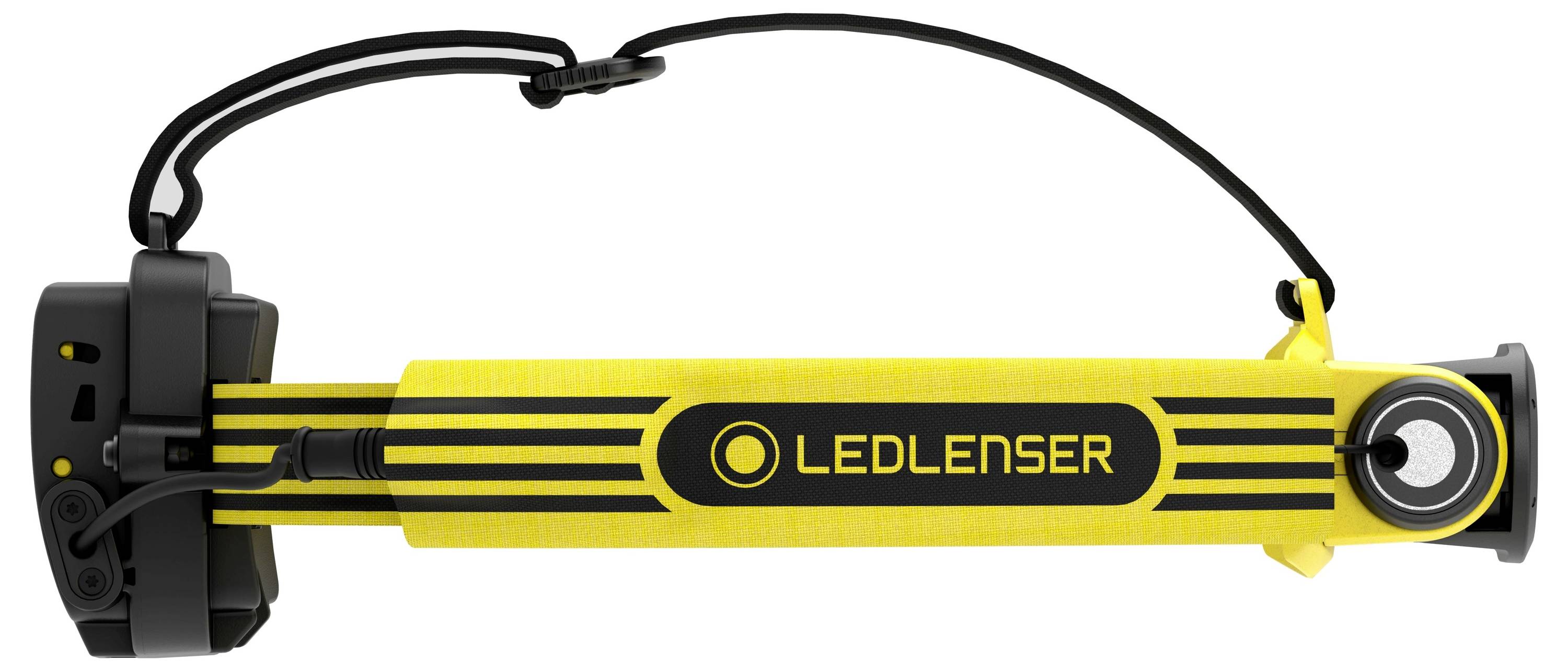 Egy sárga, csőszerű 'Ledlenser' márkájú LED-es zseblámpa, fekete kábellal és rögzítőszerkezettel, fektető helyzetben.