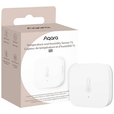 Aqara hőmérséklet- és páratartalom-érzékelő T1. A csomagoláson látható a készülék és a kompatibilis rendszerek, mint például az Apple HomeKit és az Alexa.