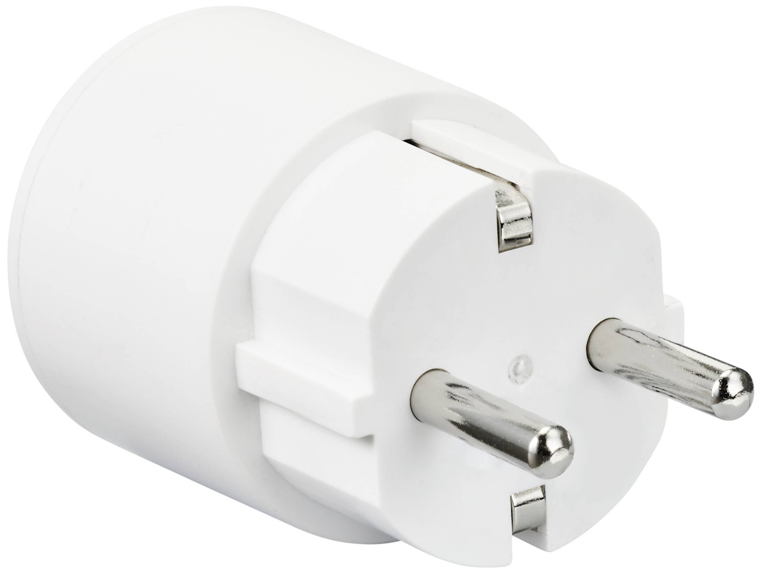 Egy fehér adapter dugó két kerek fémcsatlakozóval európai konnektorokhoz, oldalról ábrázolva.