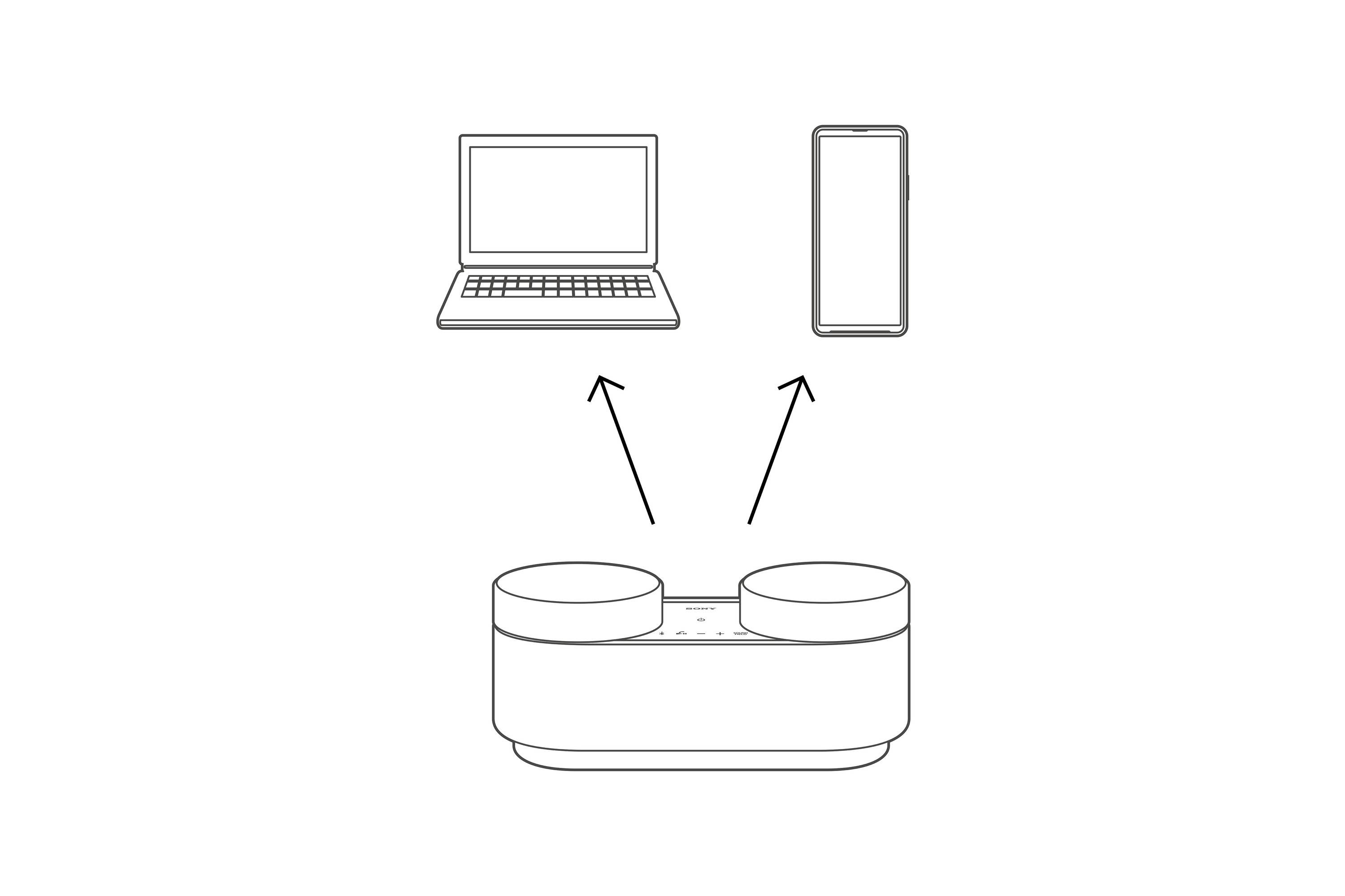 Laptop és okostelefon egy vezeték nélküli, töltős fülhallgató-állomással van összekötve, amely középen, alul helyezkedik el.