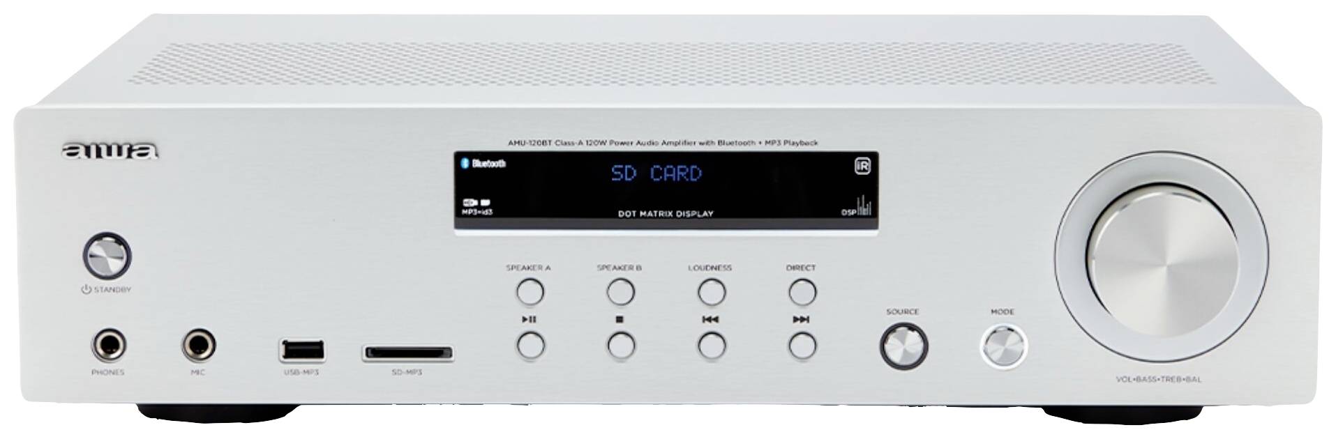 Modern Hi-Fi sztereó erősítő Bluetooth-funkcionalitással, több bemenettel és egy nagy hangerőszabályzóval a jobb oldalon.