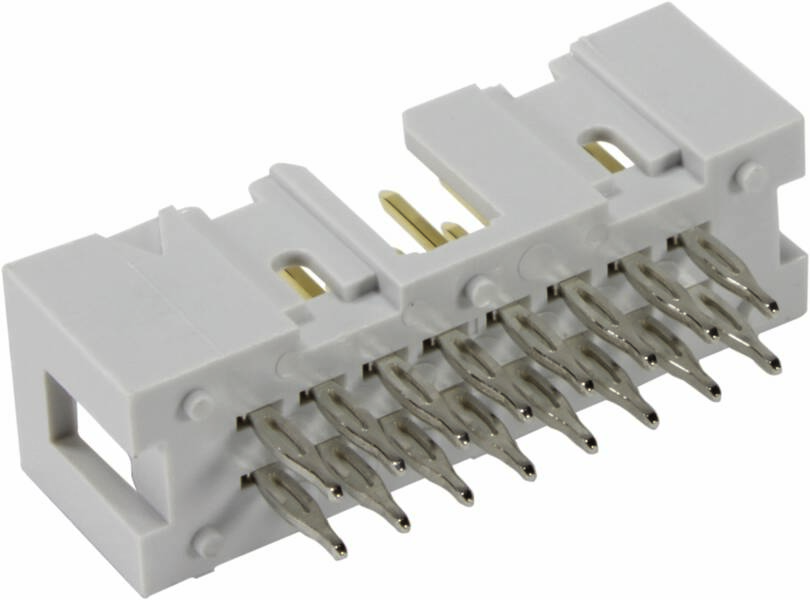 Egy fehér elektromos csatlakozó tizenkét fémtűvel, amelyek az alsó felületből kiállnak.